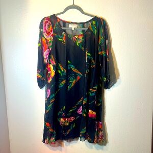 Anthropologie Black Silk Sheer 3/4 Sleeve Colorful Print Dress Small